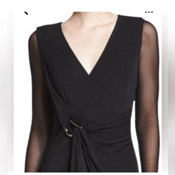 HALSTON HERITAGE Black Sheer Sleeve Ruch Wrap Elegant Gala Evening Maxi Dress - Picture 10 of 11